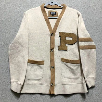 Cárdigan universitario DR Essentials para hombre pequeño marfil tostado polar universitario Letterman College Foto 1 de 4
