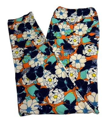 Leggings LuLaRoe TC2 Alto Curvilíneo 2 OTOÑO Otoño NARANJA Azul Retro PEONÍA Flor SUAVE Foto 1 de 4