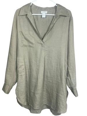 Top túnica Soft Surroundings 100 % lino para mujer L beige manga larga cuello dividido Foto 1 de 4