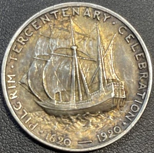 1920 D 50c Pilgrim Tercentenary Mayflower Commemorative Silver Half Dollar - Picture 1 of 24