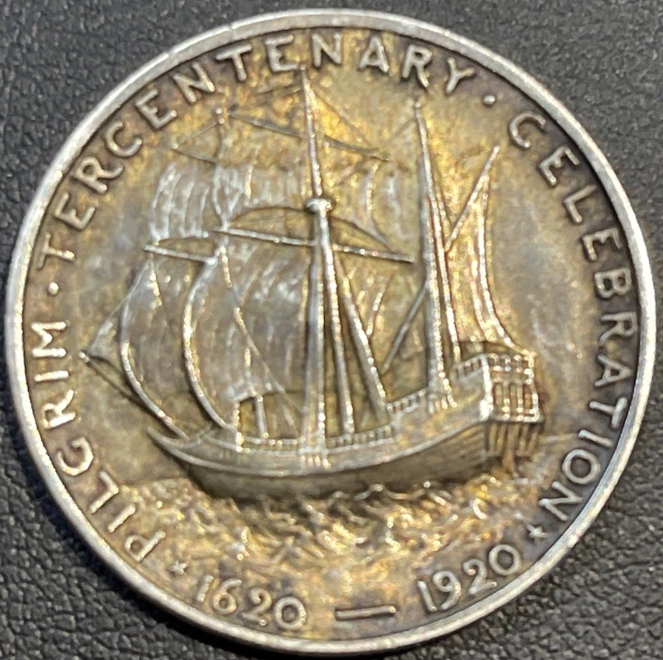 1920 D 50c Pilgrim Tercentenary Mayflower Commemorative Silver Half Dollar - Image 1 of 4