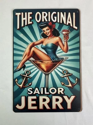 Letrero de hojalata de metal Sailor Jerry Tiki Bar arte de pared 12" x 8" azul Hula Girl nuevo Foto 1 de 4