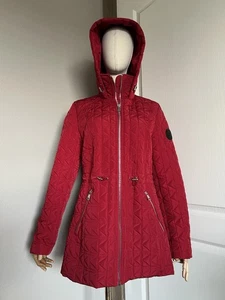 Karl Lagerfeld Paris Quilted Jacket Full Zip Hoodie Pockets Red Womens Medium - Picture 1 of 19