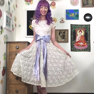 Vintage Lace Party Dress, Mid Century Prom, Wedding,  50s Big Bow Cocktail Dress - Image 1 of 4