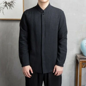 Herren Baumwolle Leinen Hemden Oberteile Einfarbig Langarm Freizeit Chinesisch Traditionell - Bild 1 von 14