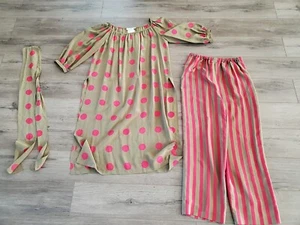 Vtg Ted Lapidus Silk Polkadot & Stripes Tunic Pants Set In Olive Red W/Tie. EUC. - Picture 1 of 13