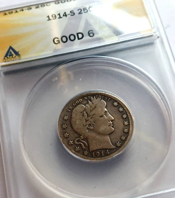 1914 S BARBER QUARTER,ANACS  GOOD 6 , LOOKS BTR - Image 1 of 3