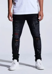 Crysp Denim Jeans Distressed Rip & Repair Paint Splatter Skinny Fit Black Men 40 - Picture 1 of 9