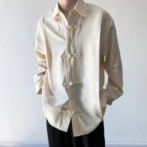 Mens Ethnic Long Sleeve Shirt Jacket Tops Collared Frog Button Blouse Casual - Picture 1 of 15