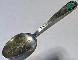 Hand Wrought Silver Native American Stamped Spoon, Turquoise, Whirling Log - Picture 1 of 8