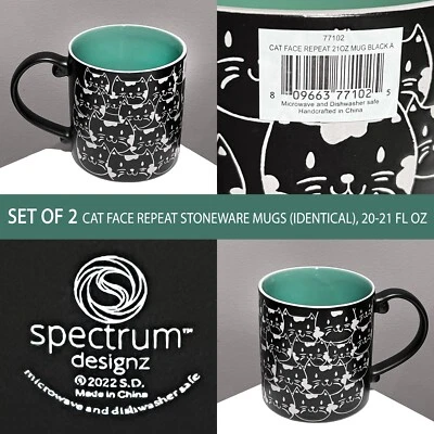 2 New Spectrum Designz Cat Face Repeat Black Turq Green  20-21 oz Ceramic Mugs - Image 1 of 4