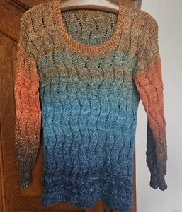aparter, handgestrickter Sommerpulli, Farbverlauf: dkl.blau/blau/orange, Gr.40 - Bild 1 von 5