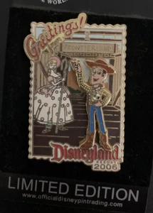 Greetings Disneyland Resort Frontierland Woody Bo Peep Toy Story Disney Pin LE - Picture 1 of 1