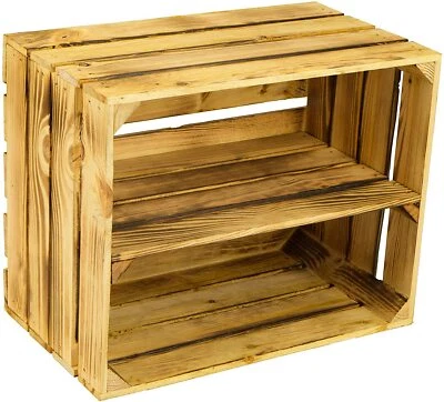  Large Wooden Burnt Crate Apple Box Storage Display Unit With LONG Shelf Vintage - Image 1 of 4