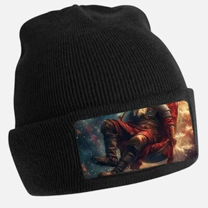 Schwarze Beanie Mütze mit coolem Wikinger im All Motiv - Unisex Mütze, Baumwolle - Bild 1 von 1