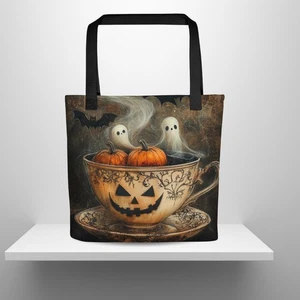 Halloween Ghost Teacup Pumpkin Bat Vintage Style Tote Bag - Picture 1 of 9