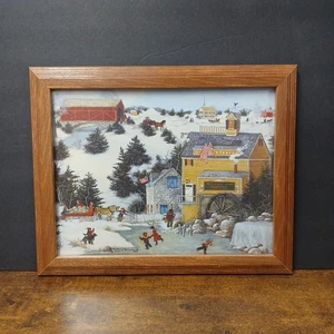 Vintage Linda Nelson Stocks Winter Scene Framed Calendar Art Print - Picture 1 of 4