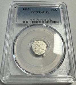 1862/1 Three Cent Silver PCGS AU53 – Scarce Overdate Variety – Sharp AU - Picture 1 of 4