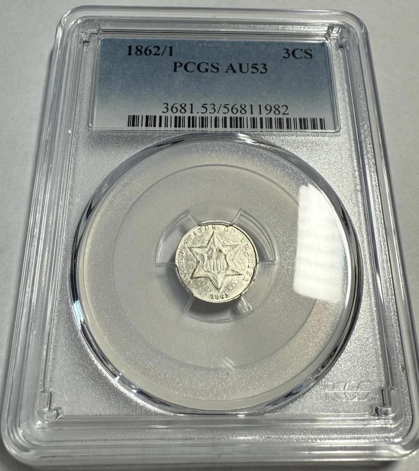 1862/1 Three Cent Silver PCGS AU53 – Scarce Overdate Variety – Sharp AU - Image 1 of 4