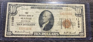 1929 $10 National Bank Note Seattle Washington No Rips/No Pin Holes Item 9490 - Picture 1 of 8