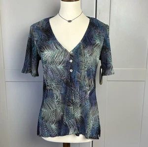 Y2K Womens 12M Short Sleeve Blue Top Ribbed Slinky Artsy Colorful Dance Festival - Picture 1 of 11