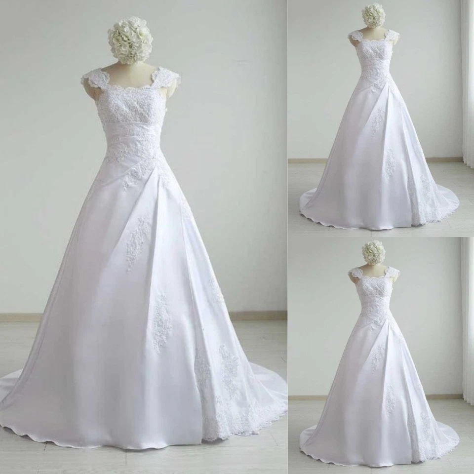 Vintage Wedding Dress Lace Appliques A Line White Ivory Sweep Train Bridal Gown - Image 1 of 4