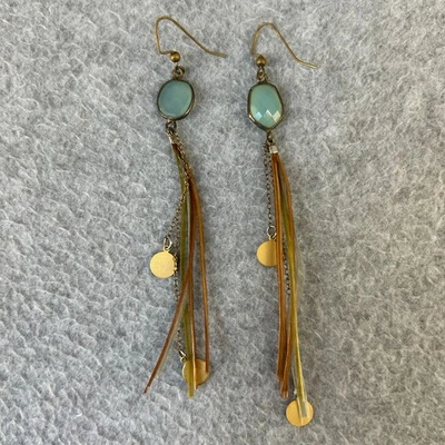 Pendientes colgantes boho largos pluma piedra acento tono dorado antiguo Foto 1 de 4