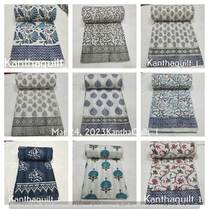 Indian Handmade All Size Cotton Kantha Quilt Hand Block Blanket Bedspread Throw - Picture 1 of 41