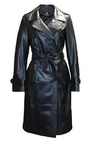New York Women's Genuine Leather Trench Coat Black Premium Lambskin Long Coat B - Picture 1 of 8