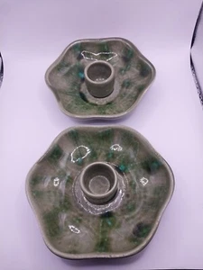 CANDELABROS DE CERÁMICA ARTÍSTICA (JUEGO DE 2) FIRMADOS DE COLECCIÓN ESMALTE VERDE AÑOS 70 - Imagen 1 de 4