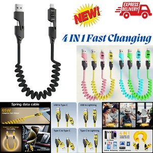 4in1 Coiled USB Charger Cable Fast Data Cord Type C Light For Car iPhone Samsung - Picture 1 of 30