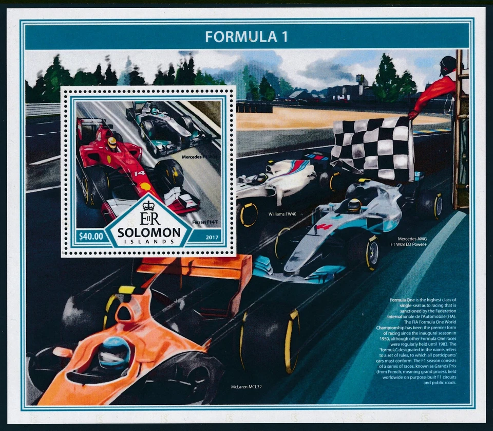 2017 SOLOMON ISLANDS FORMULA 1 CARS MINI SHEET ($40) FINE MINT MNH - Изображение 1 из 1