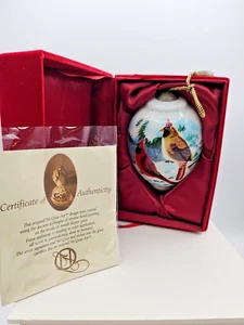 NE' QWA ART ORNAMENT "WINTER SCENE CARDINALS" BLOWN GLASS REVERSE PAINTED ART - Picture 1 of 11