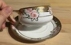 Vintage Nippon Hand-Painted Floral Tea Cup and Saucer Pink Gold Gilt Roses EUC