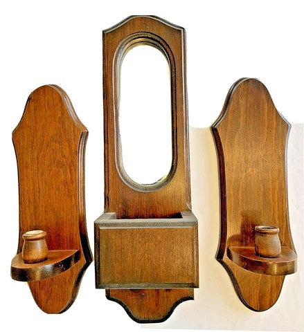 Set Of 3 Vintage Wood Mirror Wall Planter + 2 Matching Candle Sconce Holders Cover