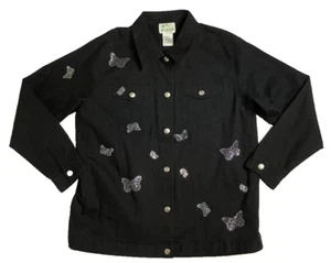 Quacker Factory Butterflies Embellished Stretch Black Jean Denim Jacket Coat L - Picture 1 of 5