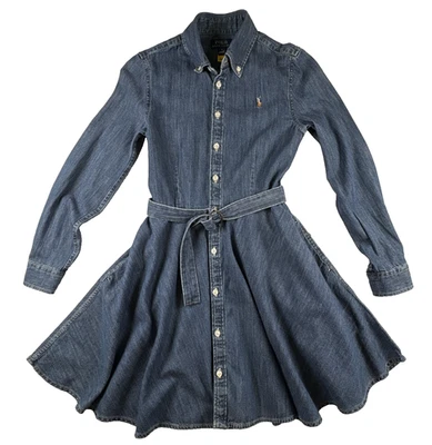 Polo Ralph Lauren Dress Girls 12 Denim Shirt Button Up Flare Pockets Belt Dress - Image 1 of 4