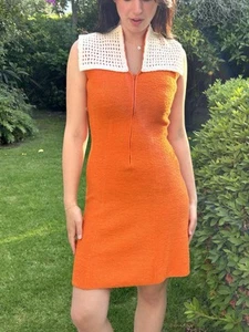 NWT True Vintage 70s Jane S Sleeveless Knit Mini Dress Orange NEW Crochet Disco - Picture 1 of 12