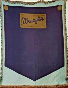 Wrangler Jeans Logo Tag Pocket Tapestry Fringed Throw Blanket Denim Blue Brown - Picture 1 of 7