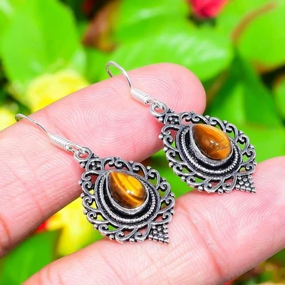 Tiger Eye Gemstone 925 Sterling Silver Gift Jewelry Earring 1.62" a830 - Image 1 of 4
