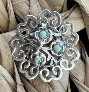 VINTAGE PIN BROOCH MEXICAN SILVER FLORAL TURQUOISE 1.5” - Picture 1 of 4