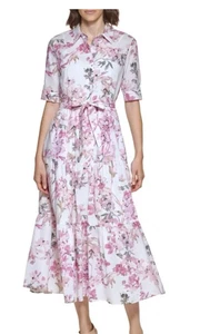 Calvin Klein Floral Print Tiered Shirtdress Womens 16W Button Up Tie Waist New - Foto 1 di 11