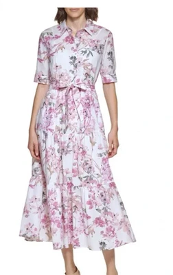 Nuevo camisero con estampado floral en capas de Calvin Klein para mujer 16 W con botones y lazo en la cintura Foto 1 de 4