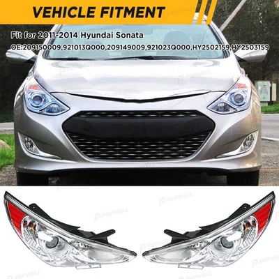 Pair Chrome Halogen Headlights Assembly Replacement for 2011-2014 Hyundai Sonata - Image 1 of 4