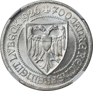 1926-A, Germany. Silver 3 Mark Coin. Free City of Lubeck Anniversary. NGC MS-63! - Picture 1 of 3