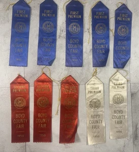 10 Vintage 1950 Boyd County Fair Ribbons 1st, 2nd, 3rd Awards Kentucky - Picture 1 of 12