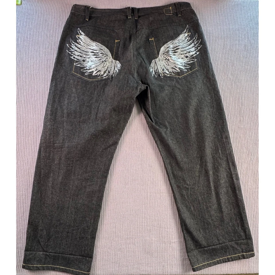 Kani Gold Y2K Baggy Denim Jeans Mens 42x32 Black Winged Pockets Wide Leg Street - Image 1 of 4