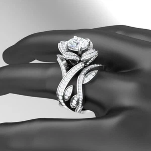 14K White Gold Finish 2Ct Round Cut Diamond Flower Engagement Wedding Ring Set - Picture 1 of 7