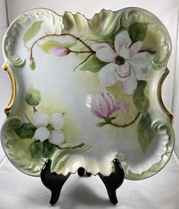 Antique Hand Painted Magnolia Cake Plate Serving Tray Gilt Handles Signed 12X12 - Picture 1 of 9