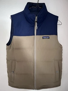 Patagonia Bivy Puffer Vest Full Zip Goose Down Blue & Tan Reversible Mens XS - Picture 1 of 6